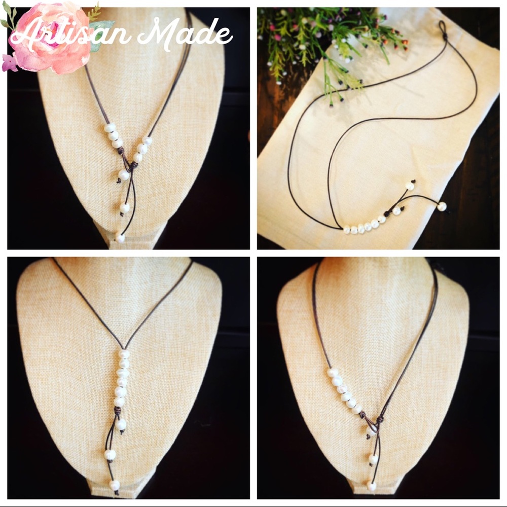 NEW Leather Pearl Multi Wear Cluster Boho Necklace